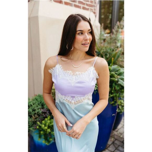 Anna Grace Satin‎ Midi Dress Turquoise Purple Lace Detail Adjustable Straps Size - Picture 2 of 11